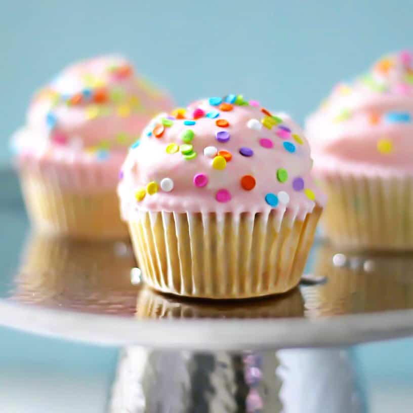 Grain-Free Magic Shell Funfetti Cupcakes on silver platter