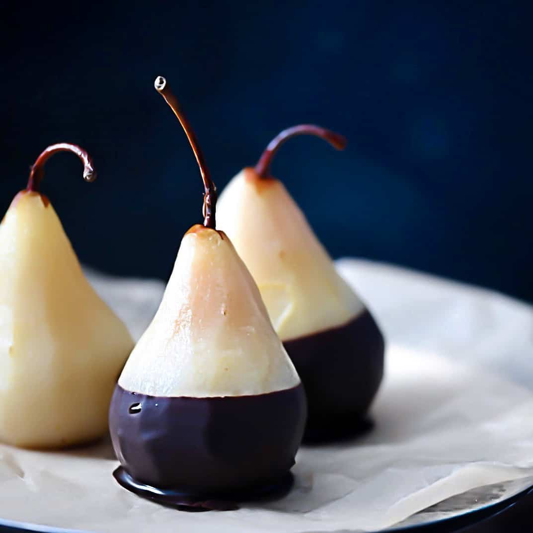 Chocolate Dipped Brandy Poached Pears