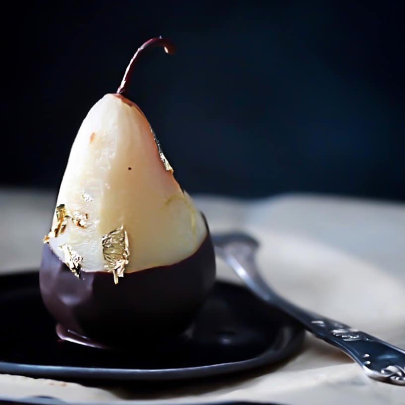 Poached Pears With Gold Leaf