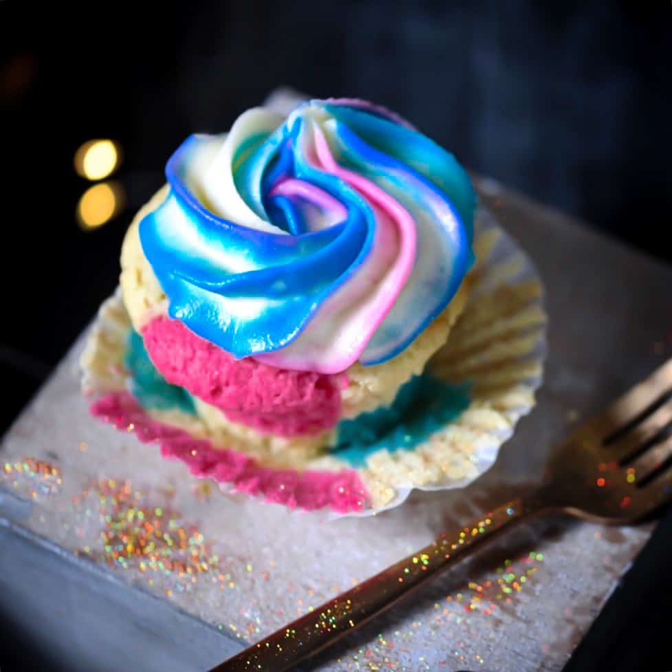 Keto cupcakes with pink, blue and gold