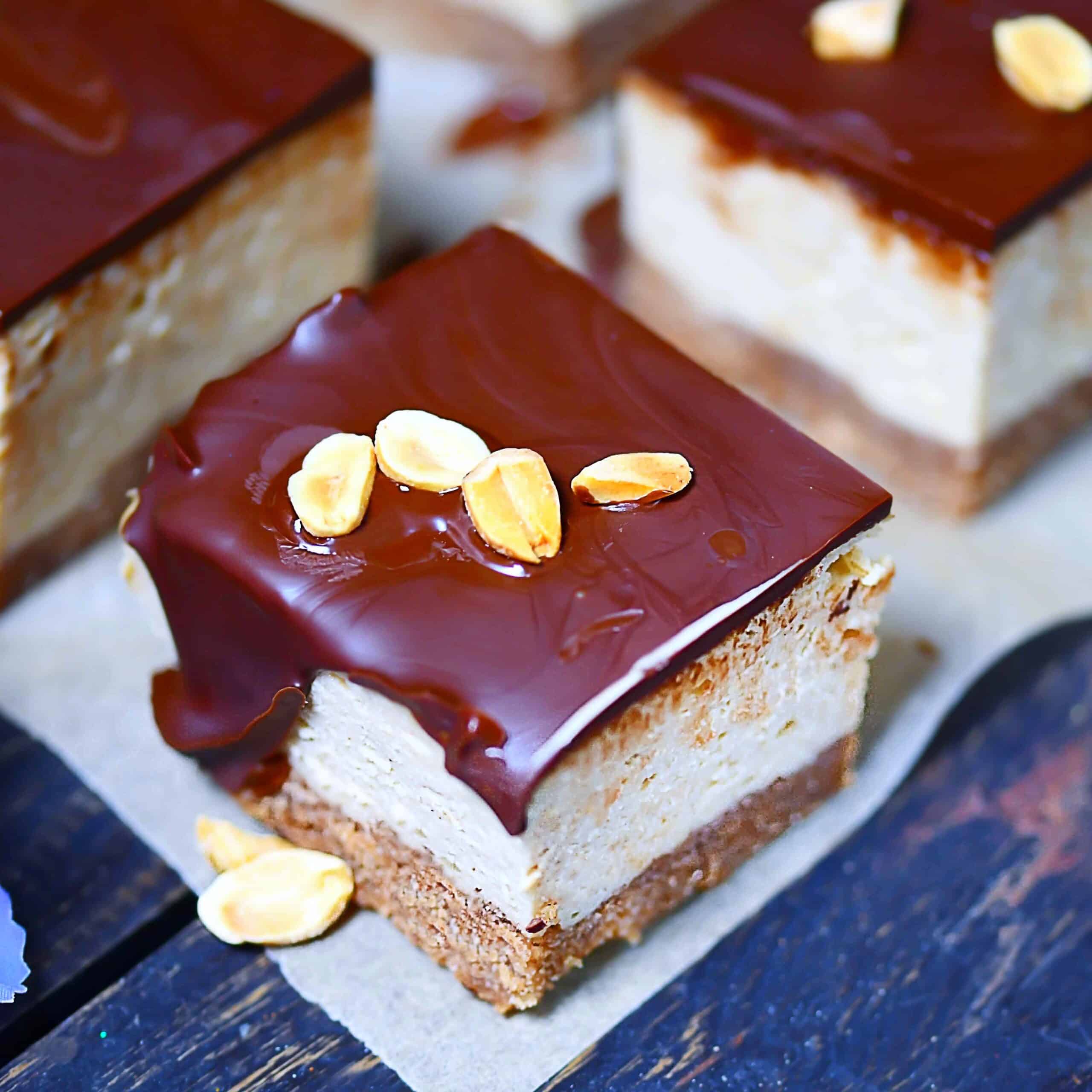 overhead photo low-carb, gluten-free peanut butter cheesecake squares