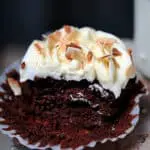 Closeup grain-free, keto chocolate coconut cupcake