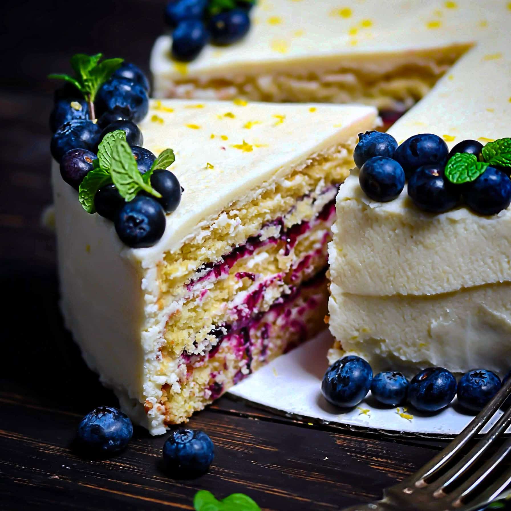 Luscious Low-Carb Lemon Layer Cake with blueberry compote