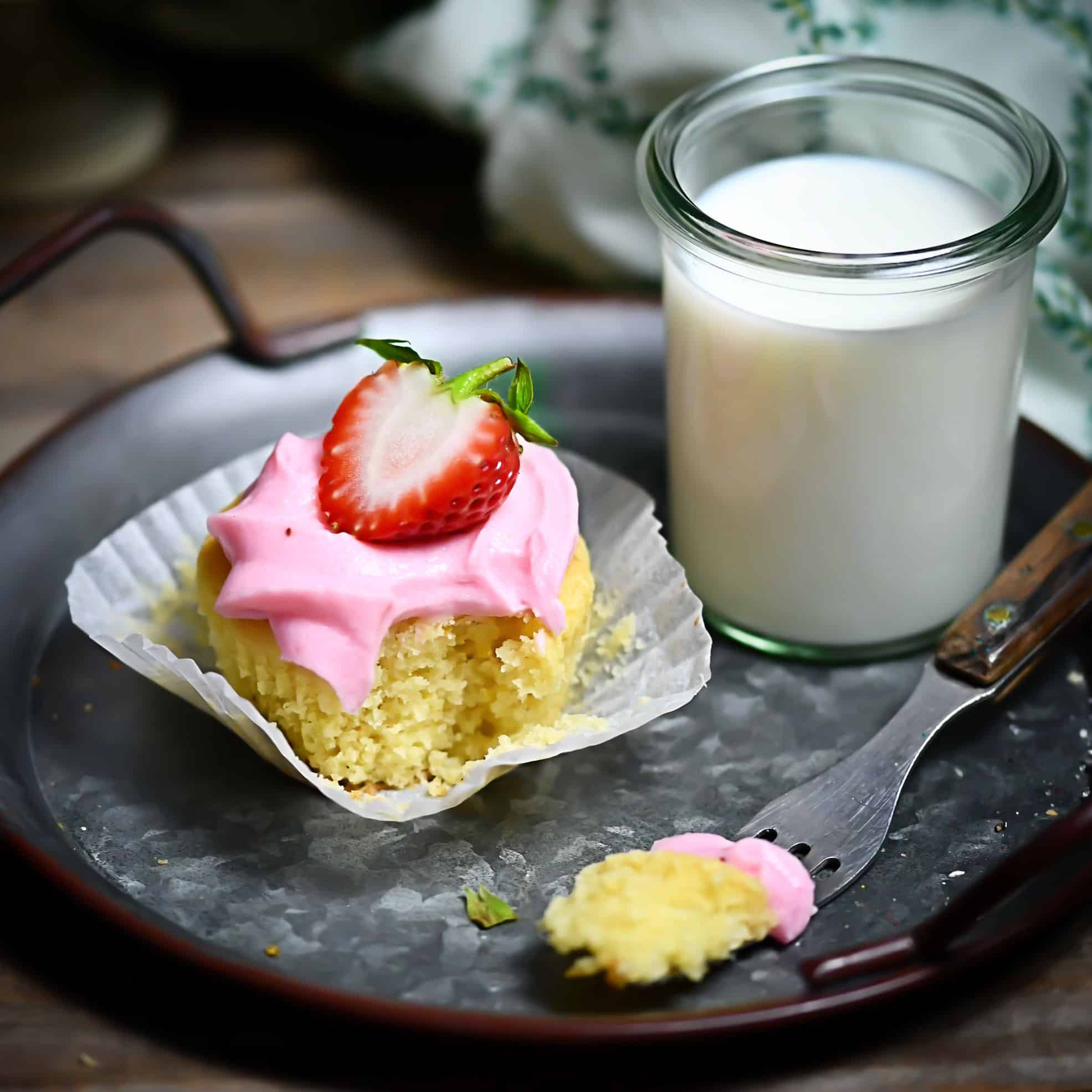 Sugarless Grain-Free Strawberry Cupcakes with wooden fork