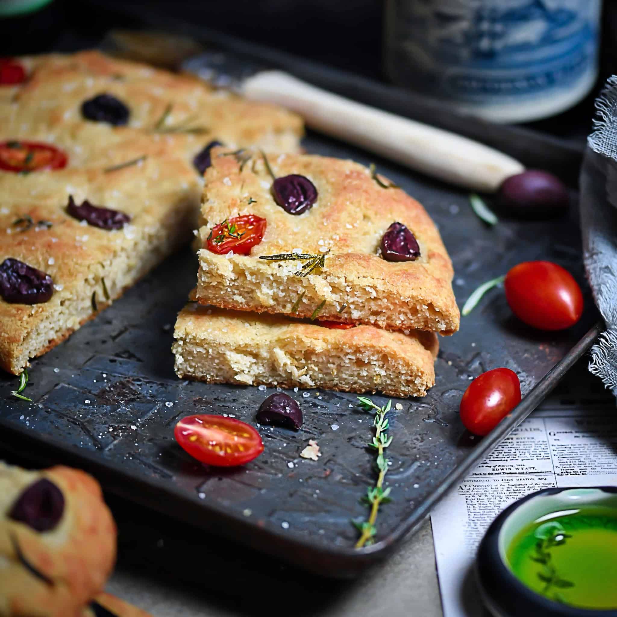 Keto + SCD Focaccia Slices With Tomatoes + Olives